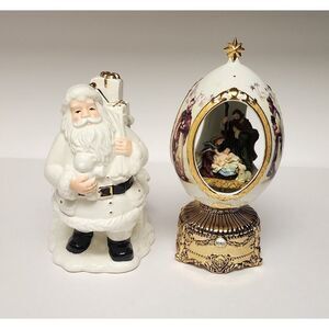 Home For The Holiday Porcelain Egg-Shaped Musical Box Revolving Nativity/Santa
